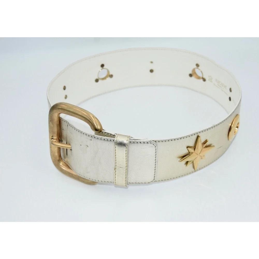 34Vintage Escada Champagne Metallic Gold Star Charm Leather Waist Belt 34